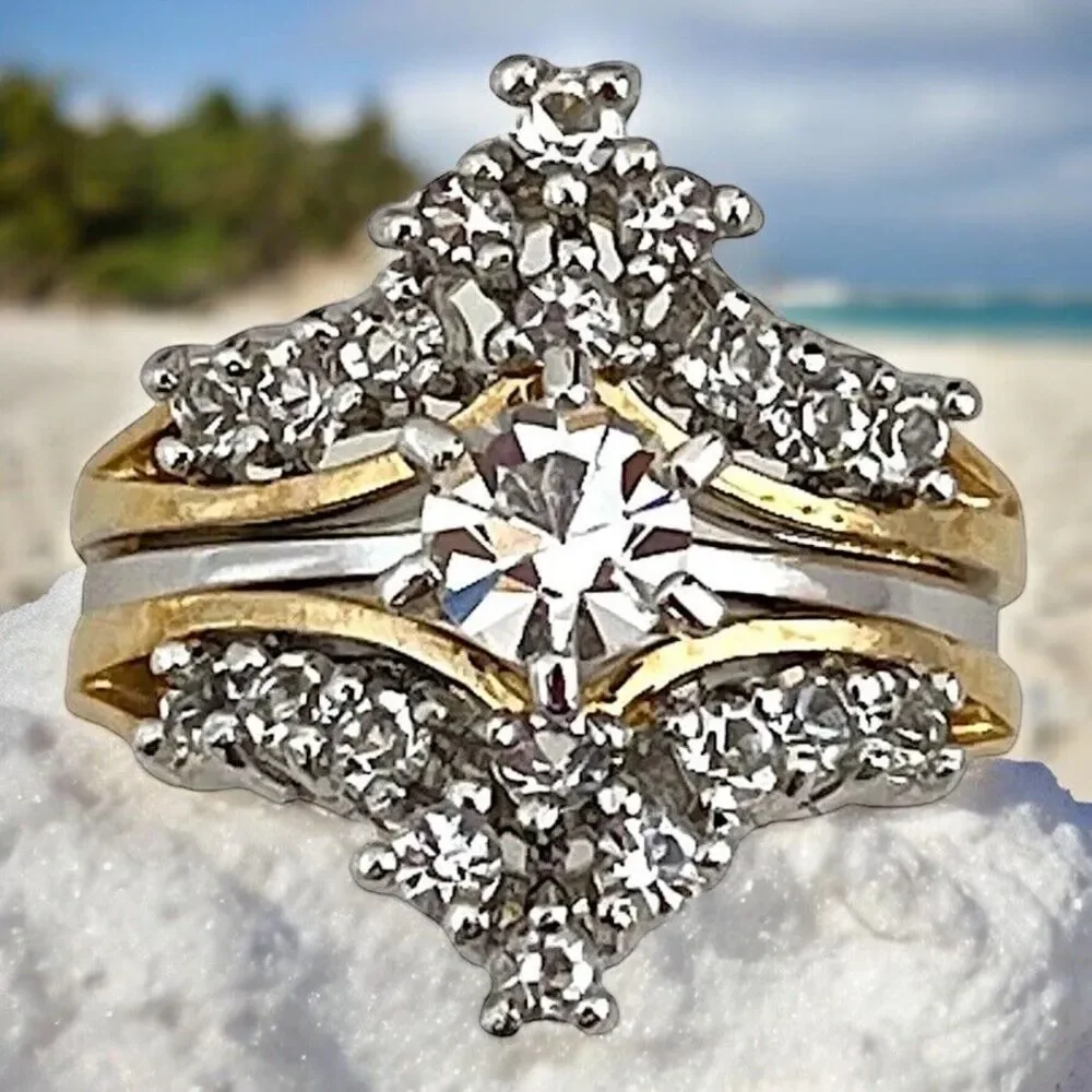 Vintage 1970s Wedding Ring Set Size 7 CZ Bridal Cluster Gold Plated Band - 14R